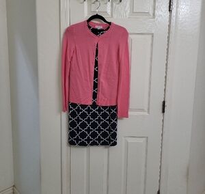 Elegant Pink Cardigan with Black Geometric Dress